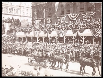 View of the crowd and a horsedrawn carriage in the Dewey Parade on Fifth Avenue, New York, 1899 by Byron Company